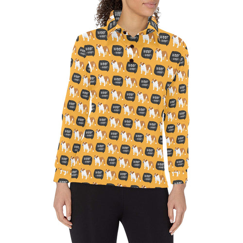 English Bulldog Pattern Print Design 04 Women's Long Sleeve Polo Shirt