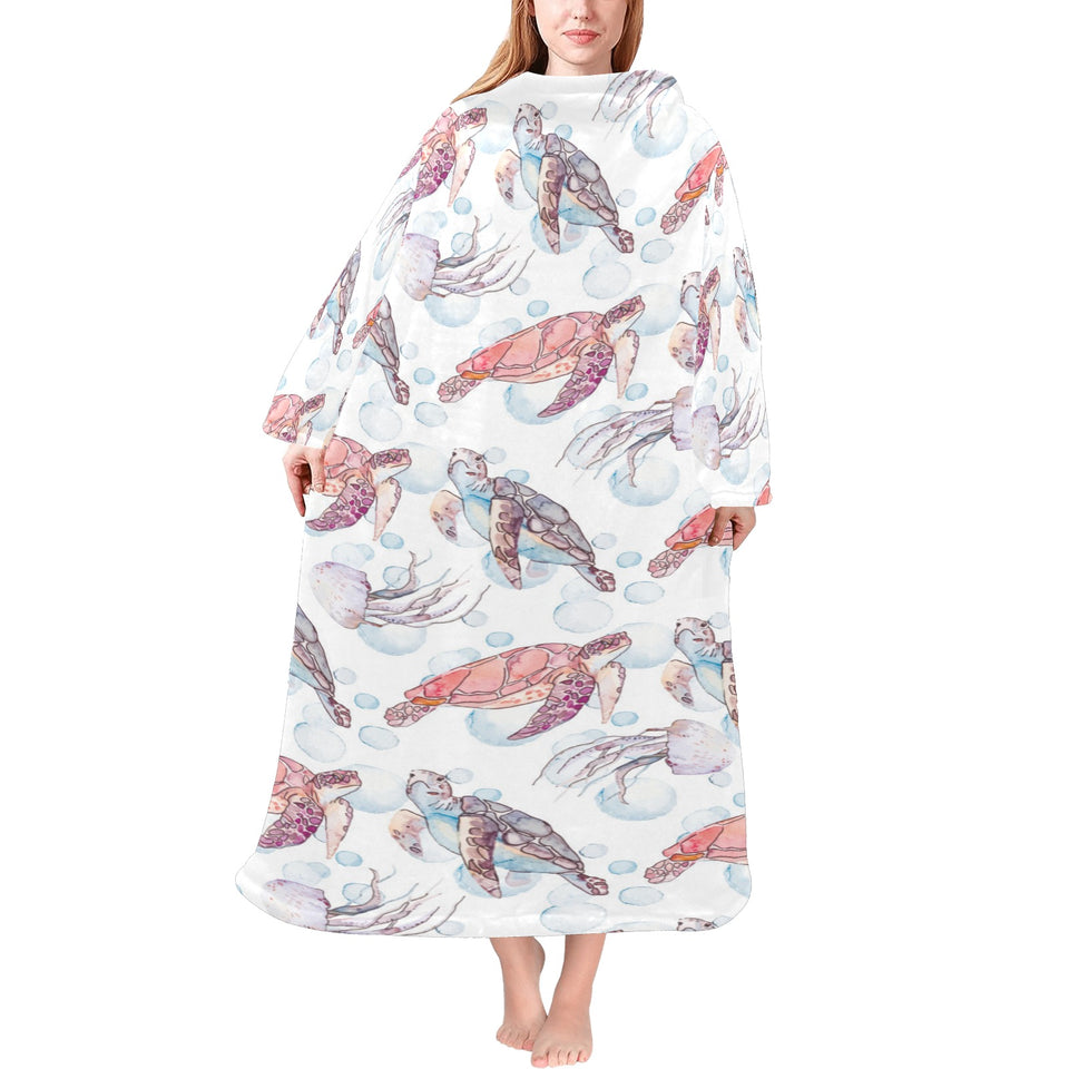 Watercolor sea turtle jellyfish pattern Blanket Robe with Sleeves