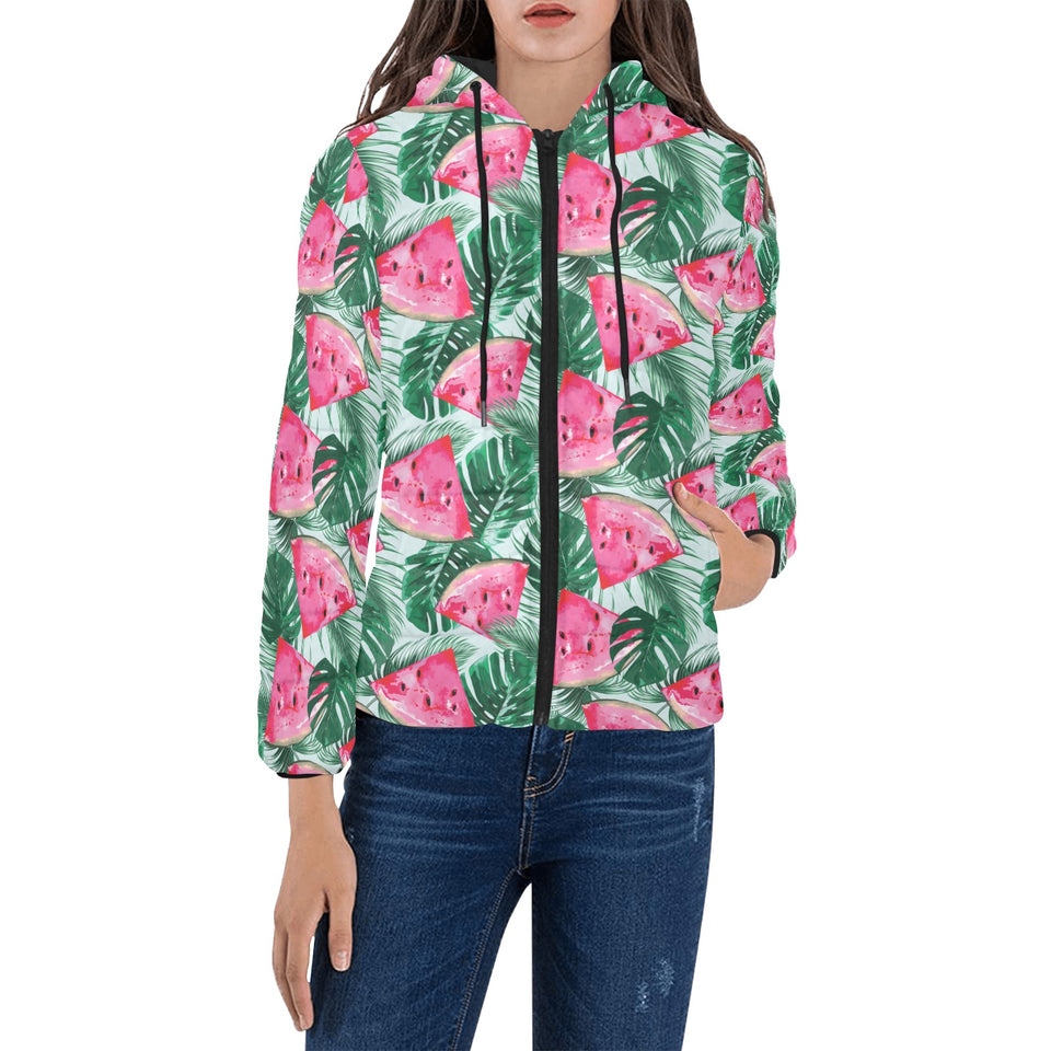 Watermelons tropical palm leaves pattern Women's Padded Hooded Jacket