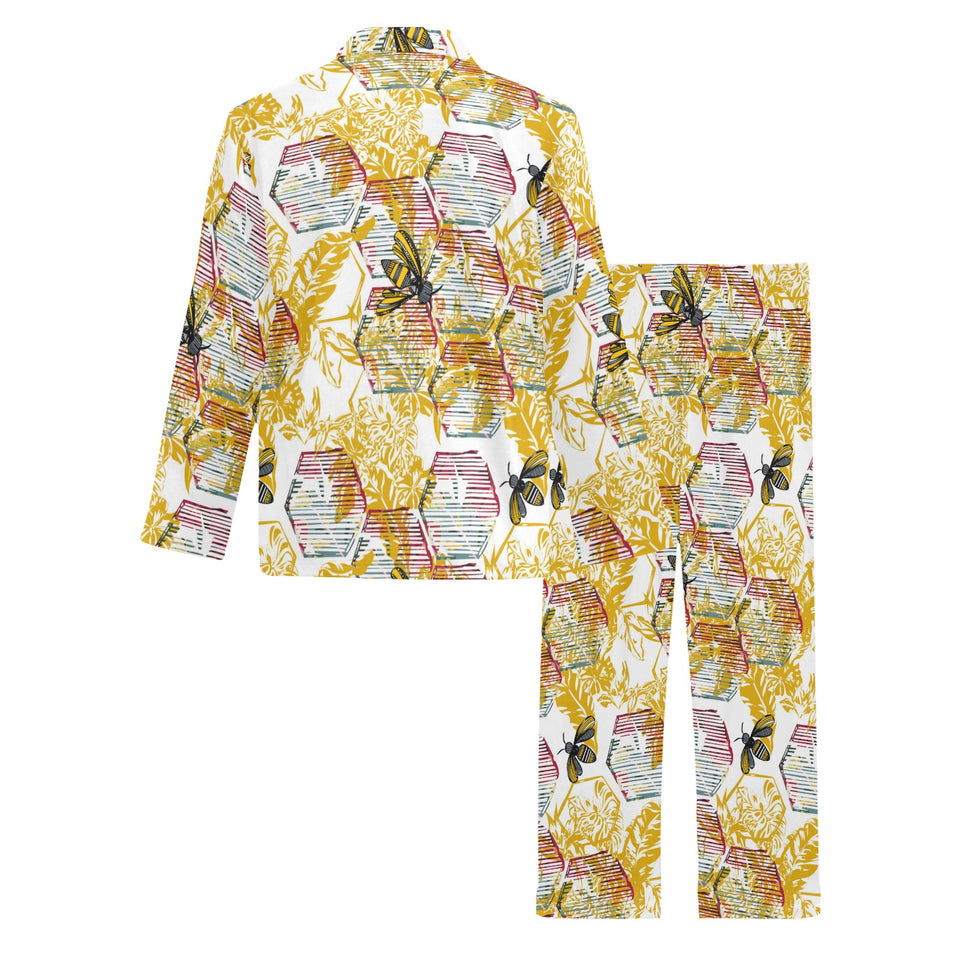 Cool Bee honeycomb leaves pattern Men's Long Pajama Set