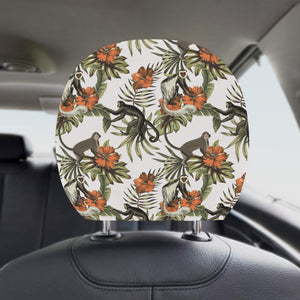 Monkey red hibiscus flower palm leaves floral patt Car Headrest Cover