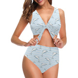 Dolphin blue striped background Chest Bowknot High Waisted Bikini Swimsuit