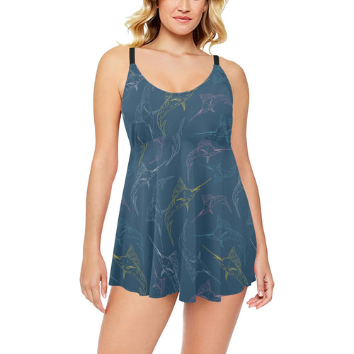 Swordfish Pattern Print Design 02 Chest Sexy Pleated Two Piece Swim Dress