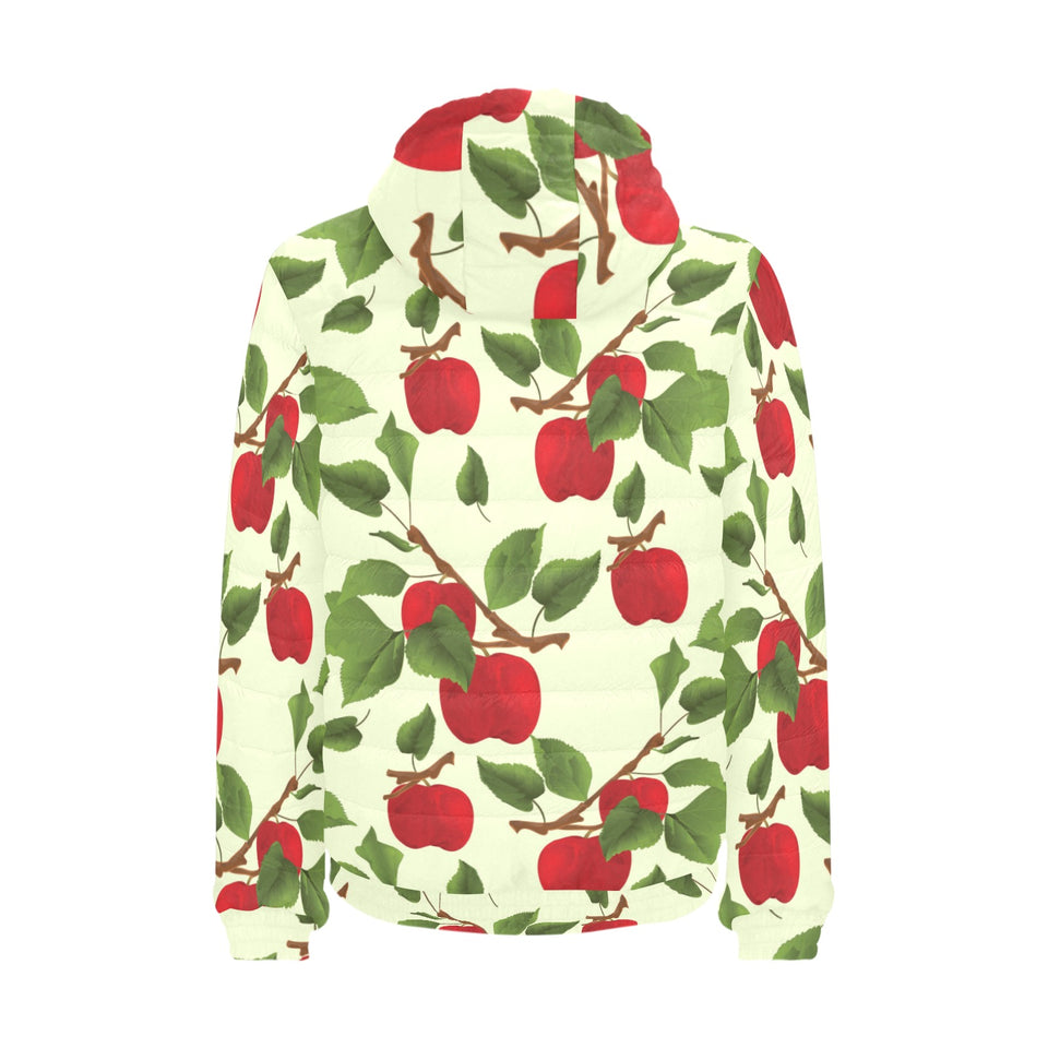 Red apples leaves pattern Men's Padded Hooded Jacket