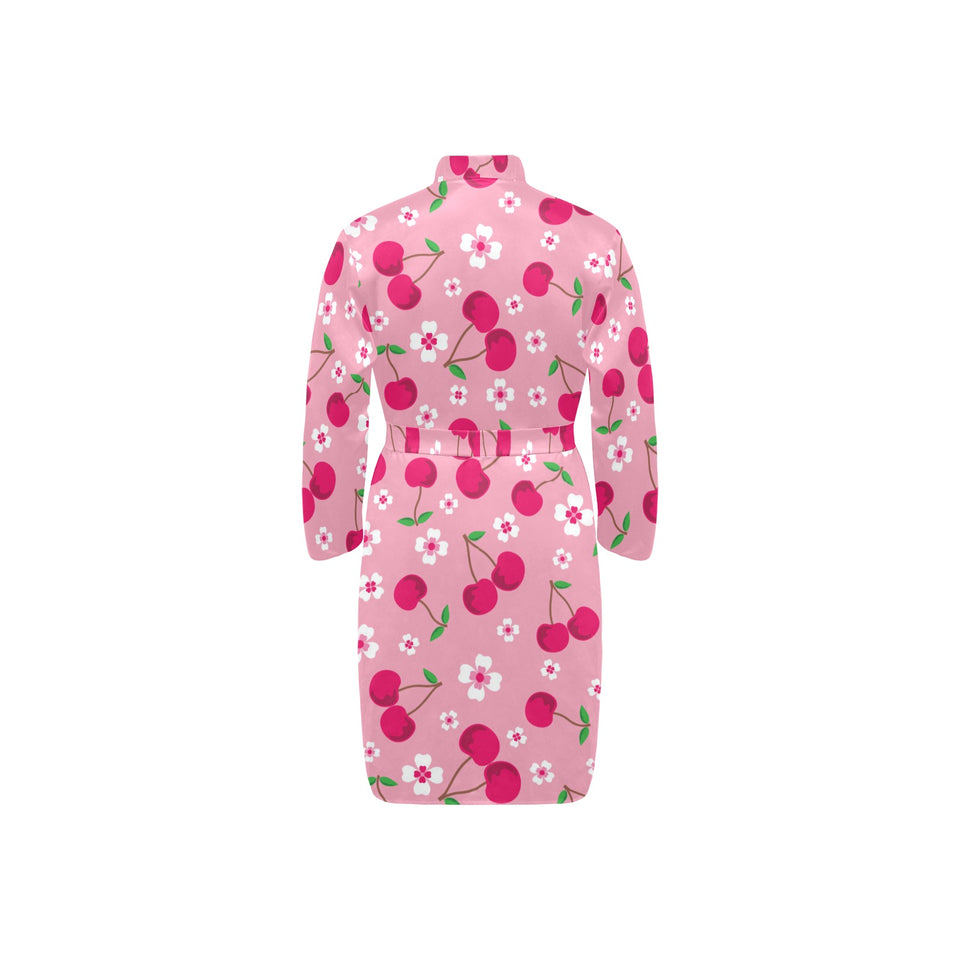 cherry flower pattern pink background Men's Long Sleeve Belted Night Robe