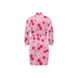 cherry flower pattern pink background Men's Long Sleeve Belted Night Robe