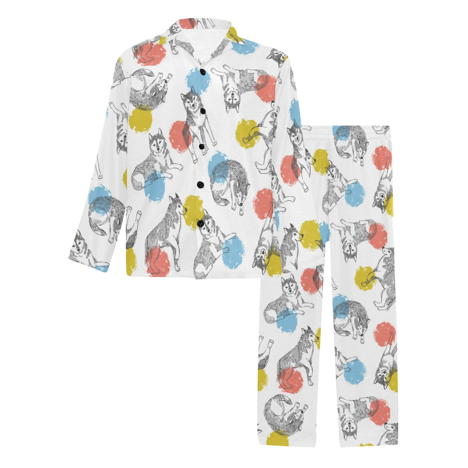Siberian husky and colorful circle pattern Men's Long Pajama Set