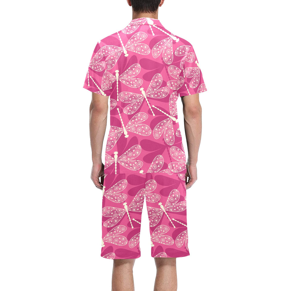 Beautiful dragonfly pink background Men's V-Neck Short Pajama Set