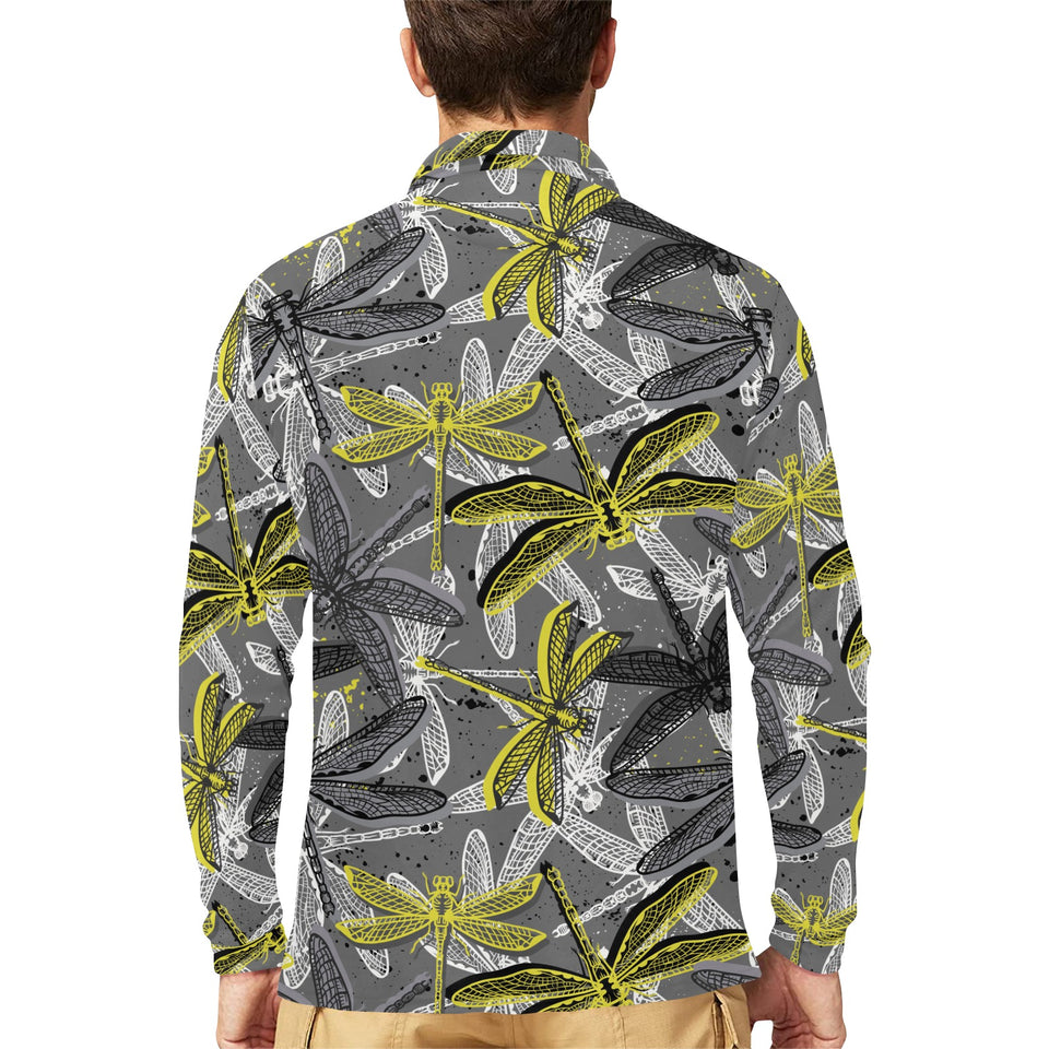 Hand drawn dragonfly pattern Men's Long Sleeve Polo Shirt
