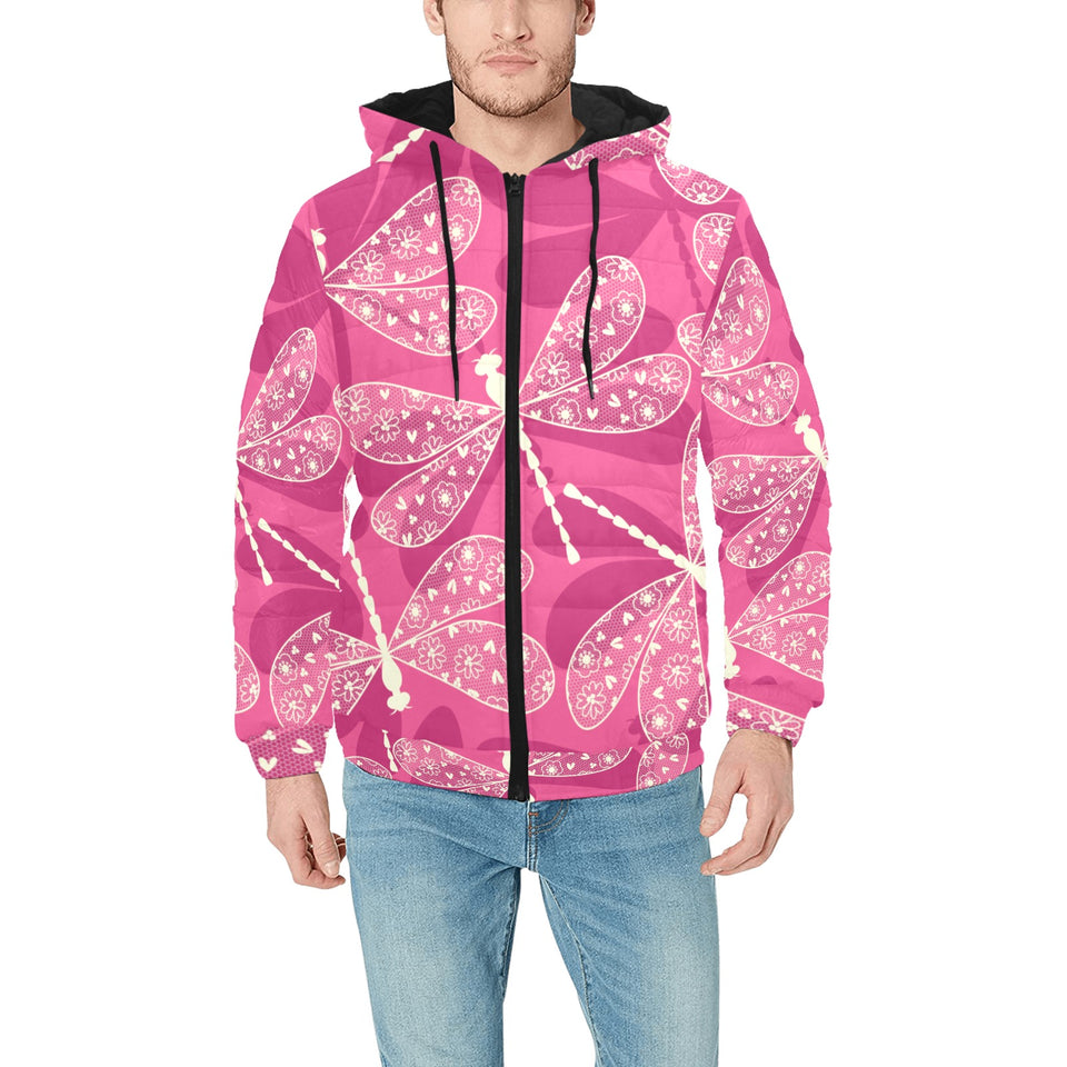 Beautiful dragonfly pink background Men's Padded Hooded Jacket