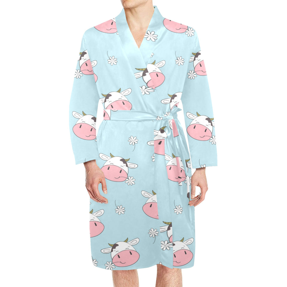Cute cow flower pattern Men's Long Sleeve Belted Night Robe