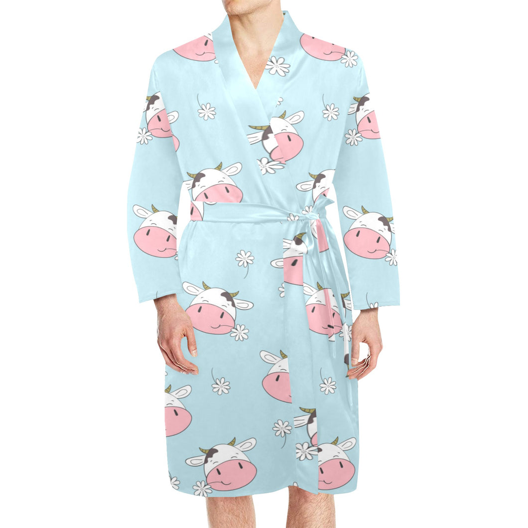 Cute cow flower pattern Men's Long Sleeve Belted Night Robe