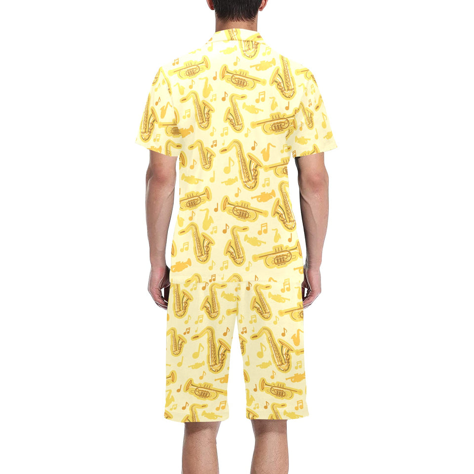 Saxophone cornet pattern yellow background Men's V-Neck Short Pajama Set