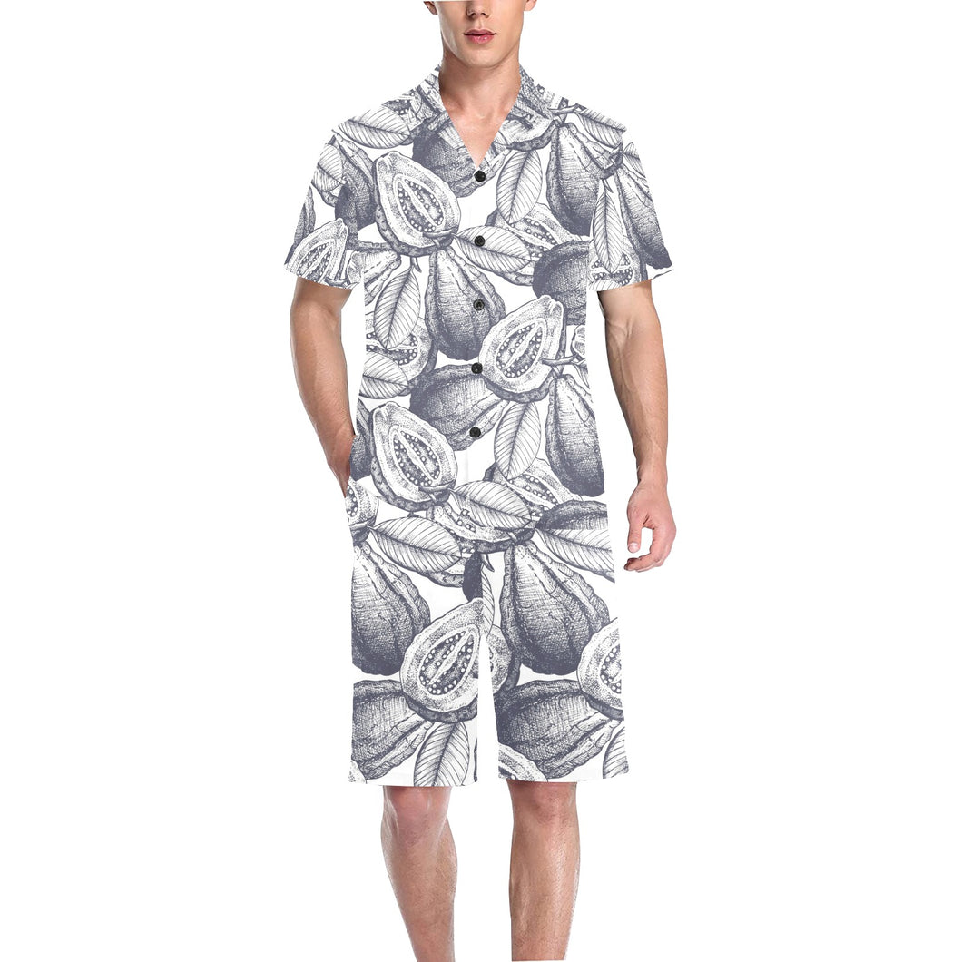 Guava tropical hand drawn pattern Men's V-Neck Short Pajama Set