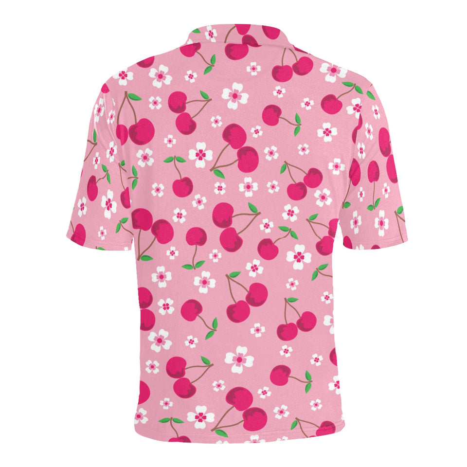 cherry flower pattern pink background Men's All Over Print Polo Shirt