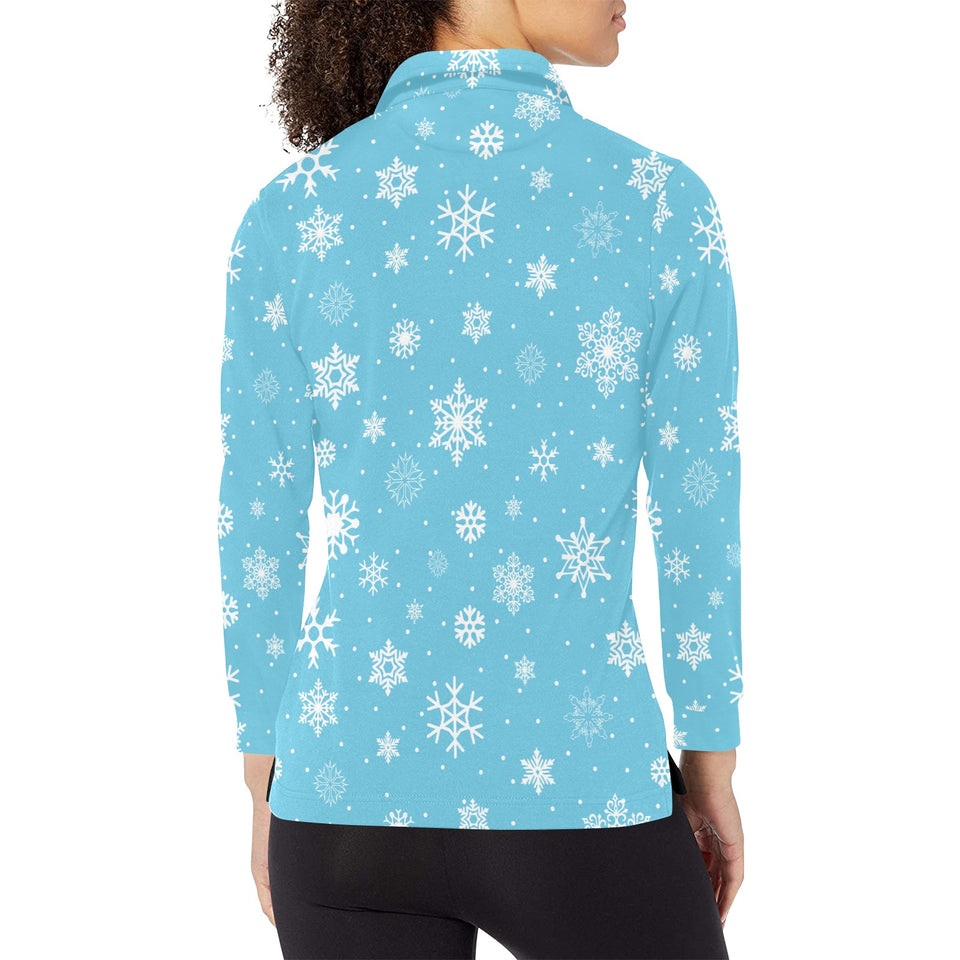 Snowflake pattern blue background Women's Long Sleeve Polo Shirt
