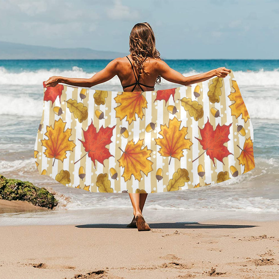 Maple leaf oak leaf acorns beige striped backgroun Beach Towel
