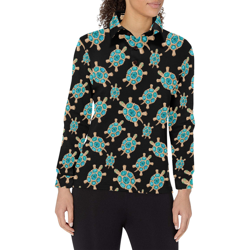 Sea turtle blue stone pattern Women's Long Sleeve Polo Shirt