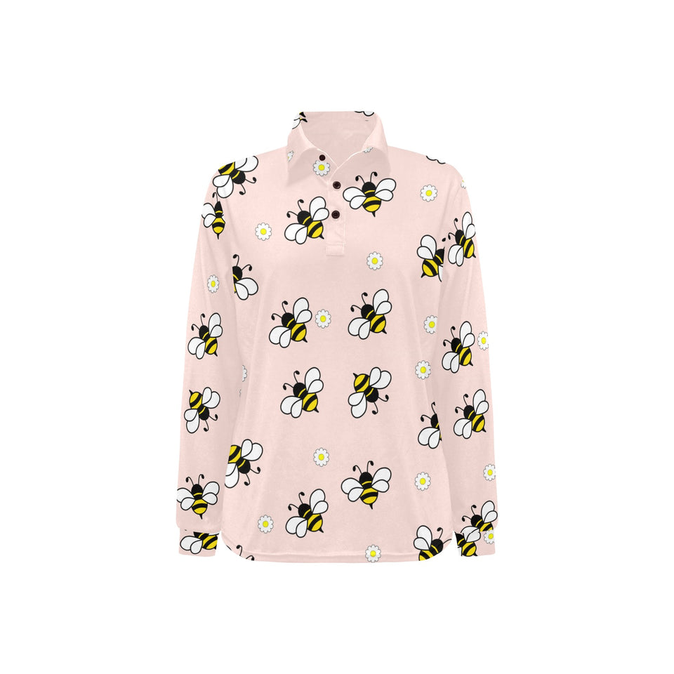Cute bee flower pattern pink background Women's Long Sleeve Polo Shirt