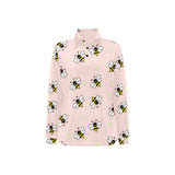 Cute bee flower pattern pink background Women's Long Sleeve Polo Shirt