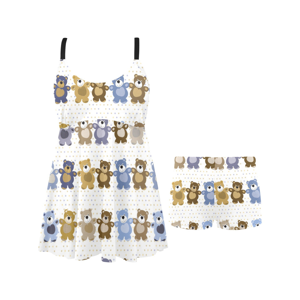 Teddy Bear Pattern Print Design 02 Chest Sexy Pleated Two Piece Swim Dress