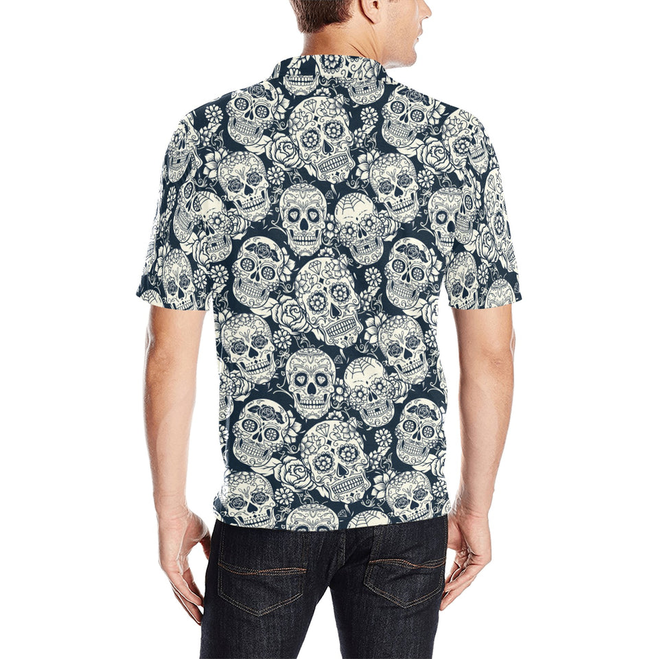 Sugar skull black white pattern Men's All Over Print Polo Shirt