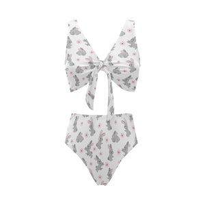 Watercolor cute rabbit pattern Chest Bowknot High Waisted Bikini Swimsuit