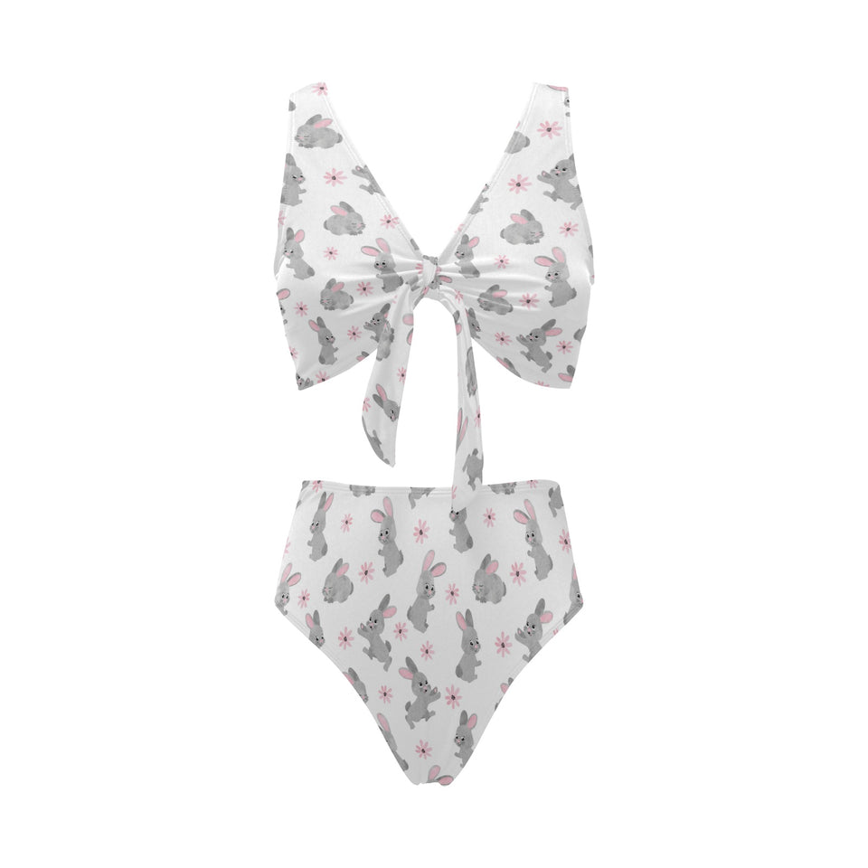 Watercolor cute rabbit pattern Chest Bowknot High Waisted Bikini Swimsuit