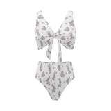 Watercolor cute rabbit pattern Chest Bowknot High Waisted Bikini Swimsuit