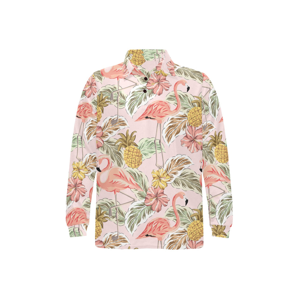 Pink flamingo birds pineapples hibiscus flower pat Men's Long Sleeve Polo Shirt