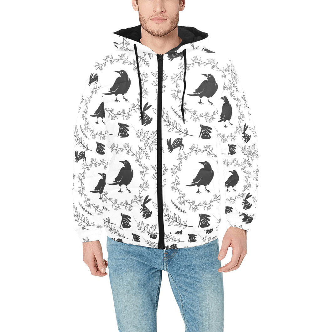 Crows floral wreath rabbit pattern Men's Padded Hooded Jacket