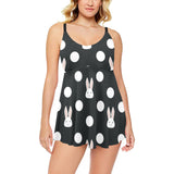 Cute white rabbit polka dots black background Chest Sexy Pleated Two Piece Swim Dress
