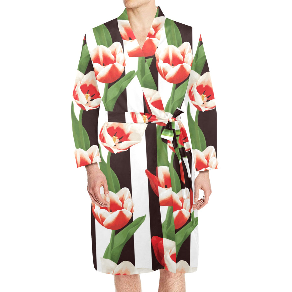 red and white tulips pattern Men's Long Sleeve Belted Night Robe