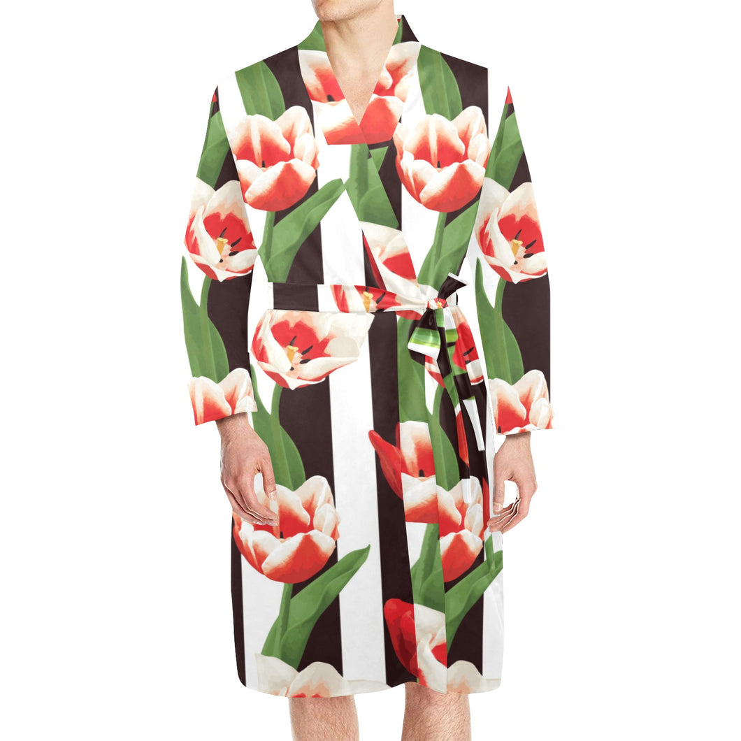 red and white tulips pattern Men's Long Sleeve Belted Night Robe