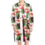 red and white tulips pattern Men's Long Sleeve Belted Night Robe