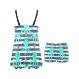 Cute octopuses heart striped background Chest Sexy Pleated Two Piece Swim Dress