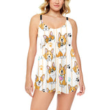 Cute dog corgi striped background pattern Chest Sexy Pleated Two Piece Swim Dress