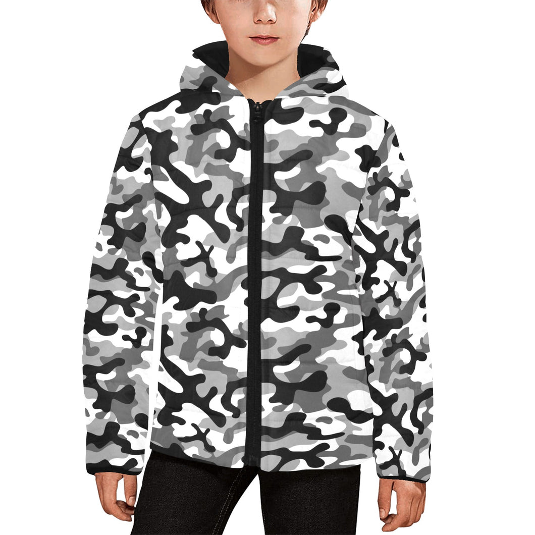Black white camouflage pattern Kids' Boys' Girls' Padded Hooded Jacket