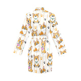 Cute dog corgi striped background pattern Women's Long Sleeve Belted Night Robe