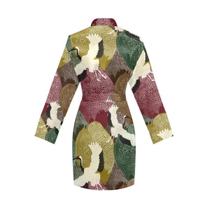Japanese cranes flying forest dot pattern Women's Long Sleeve Belted Night Robe