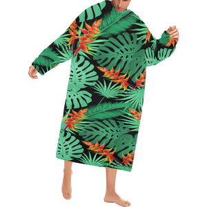 heliconia flower palm monstera leaves black backgr Blanket Robe with Sleeves