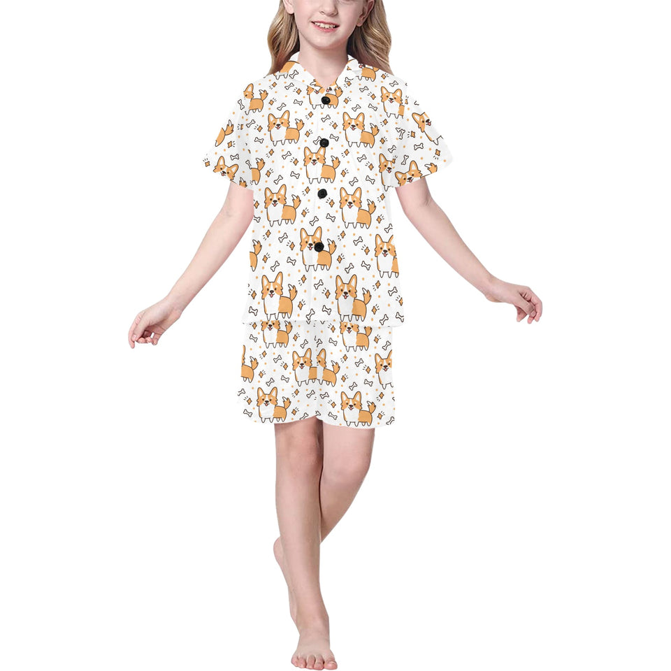 Cute corgi heart star bone pattern Kids' Boys' Girls' V-Neck Short Pajama Set