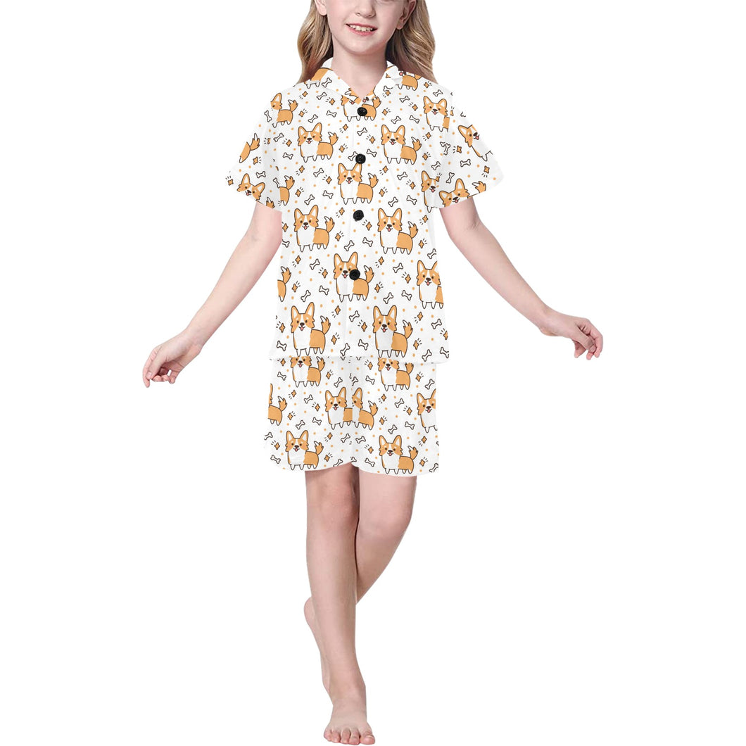 Cute corgi heart star bone pattern Kids' Boys' Girls' V-Neck Short Pajama Set