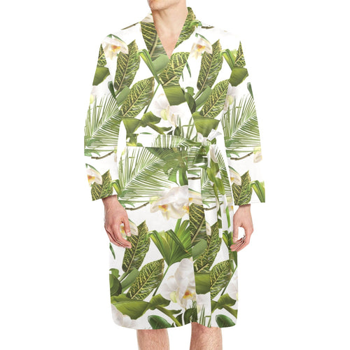 White orchid flower tropical leaves pattern Men's Long Sleeve Belted Night Robe