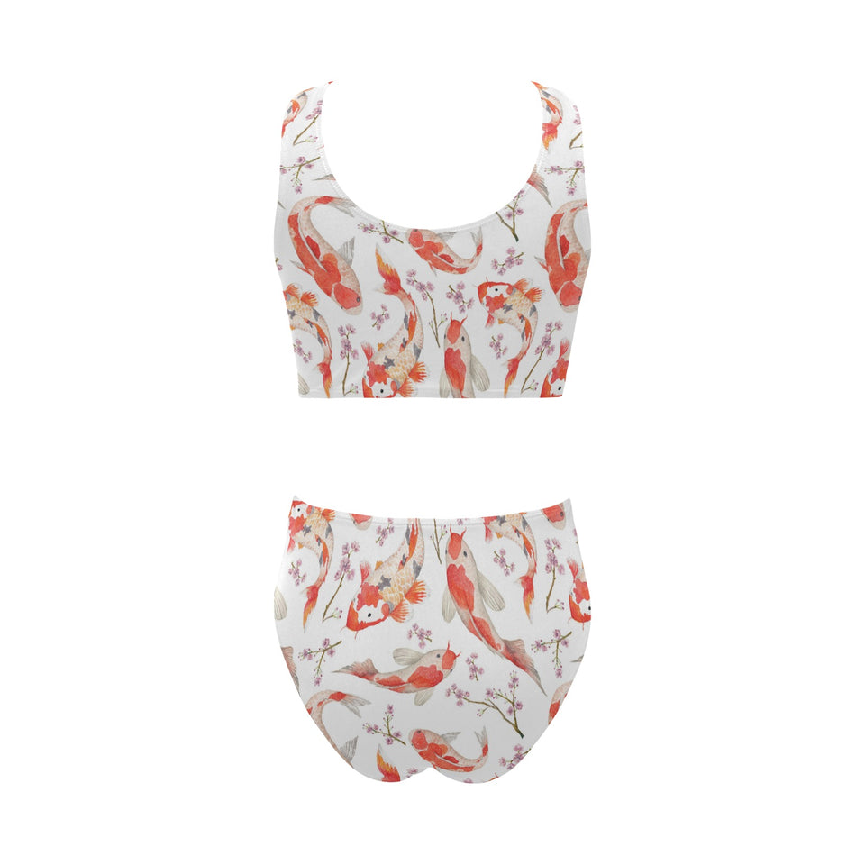 Watercolor Koi Fish Carp Fish pattern Chest Bowknot High Waisted Bikini Swimsuit