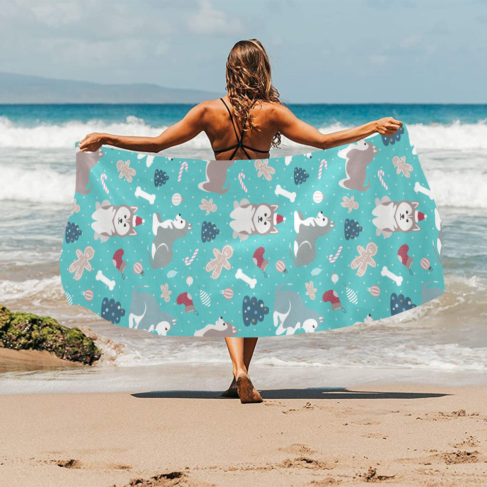 Christmas cute siberian husky puppie pattern Beach Towel