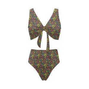 Music Notes Pattern Print Design 05 Chest Bowknot High Waisted Bikini Swimsuit