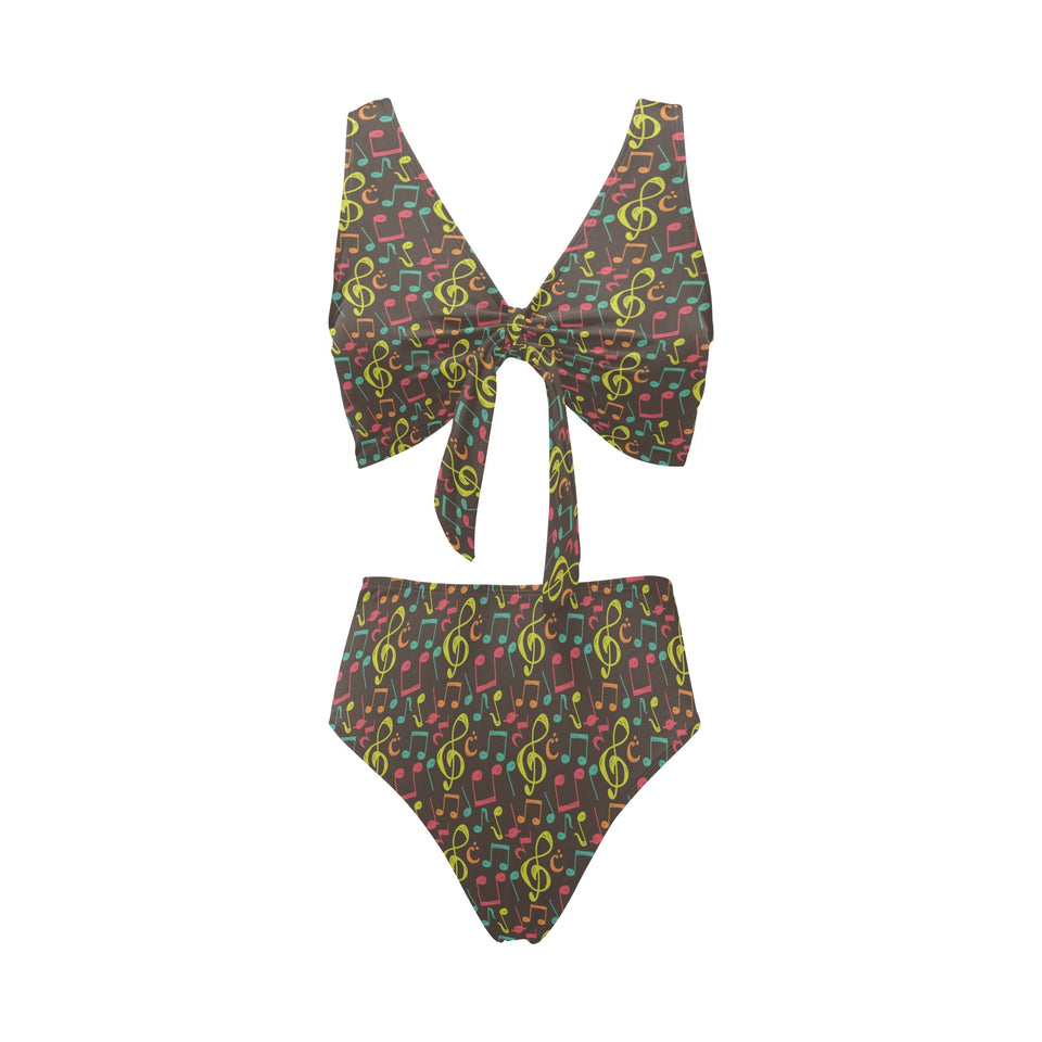 Music Notes Pattern Print Design 05 Chest Bowknot High Waisted Bikini Swimsuit