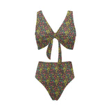 Music Notes Pattern Print Design 05 Chest Bowknot High Waisted Bikini Swimsuit
