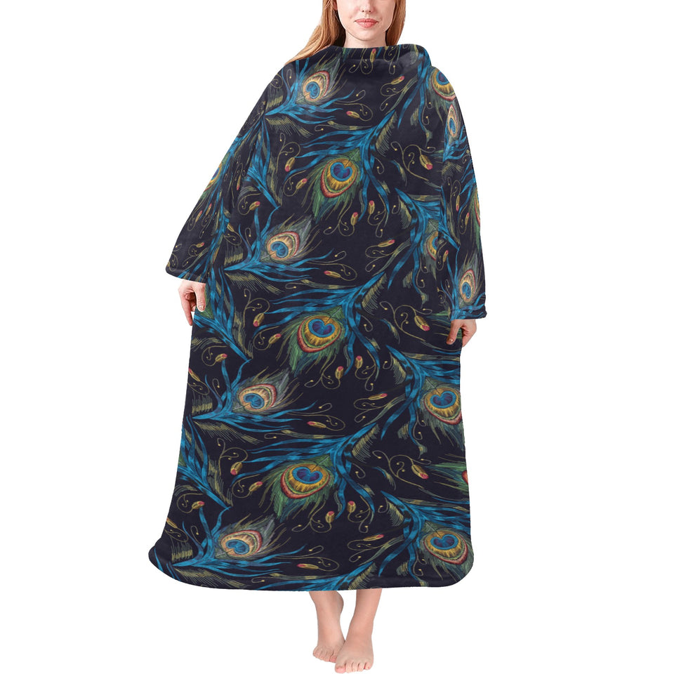 Beautiful peacock feather pattern Blanket Robe with Sleeves